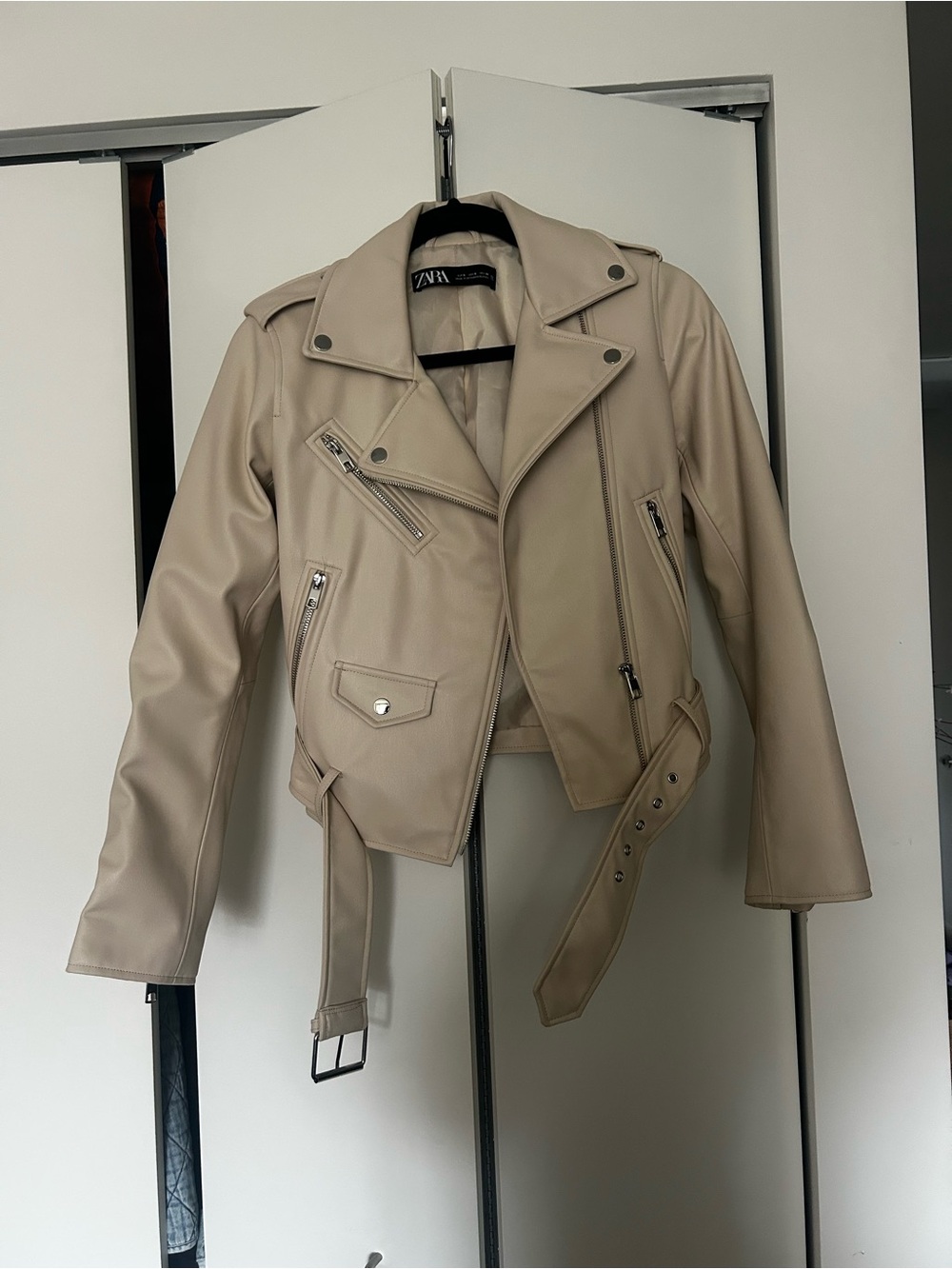 Zara Light Beige Faux Leather Biker Jacket